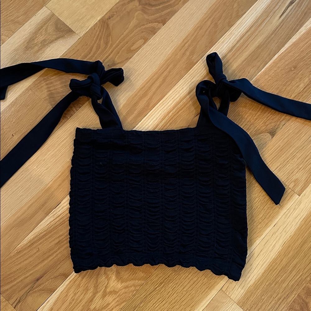Black Smocked Crop Top with Ties